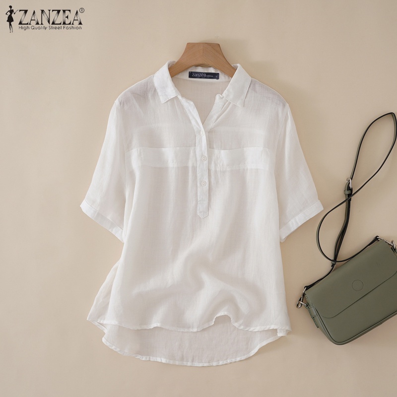 Áo sơ mi ZANZEA tay lửng cổ bẻ màu trơn thời trang Hàn Quốc cho nữ