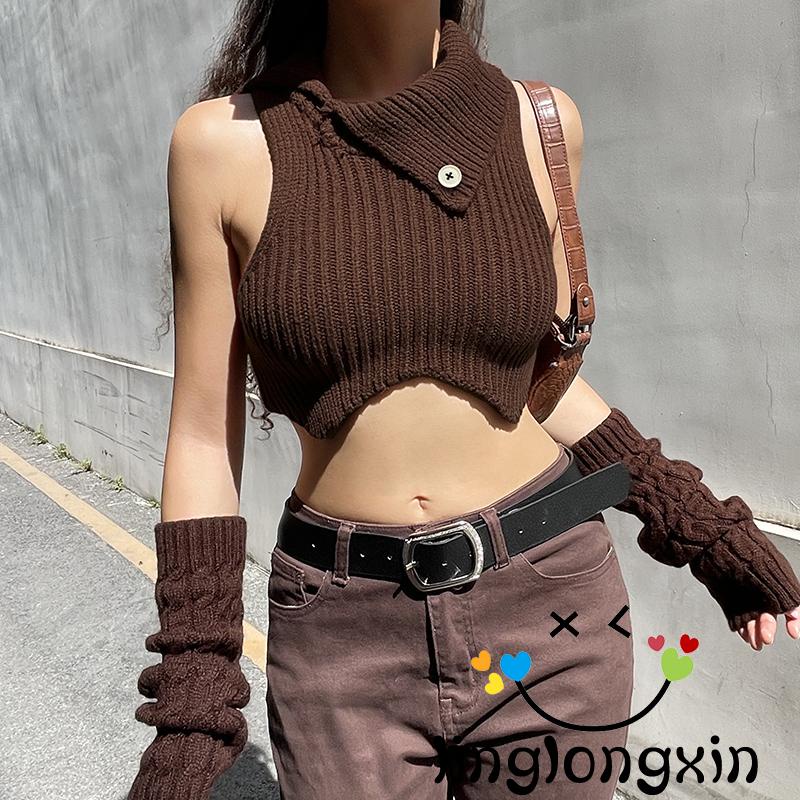 Áo Crop Top Hai Dây Dệt Kim Cổ Cao Màu Nâu Mùa Hè Cho Nữ Linglongxi2