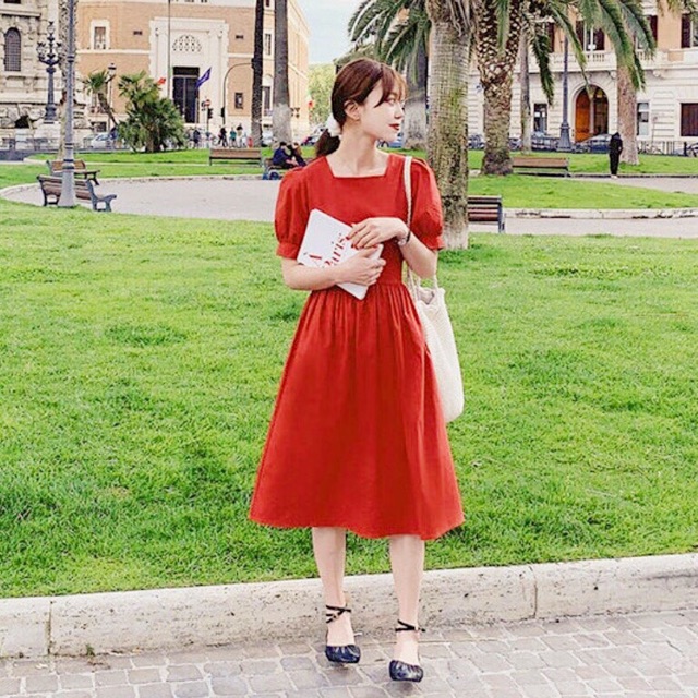 Đầm cam cổ vuông thắt nơ