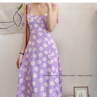 Đầm hoa cúc 2 dây vải lụa đen, tím