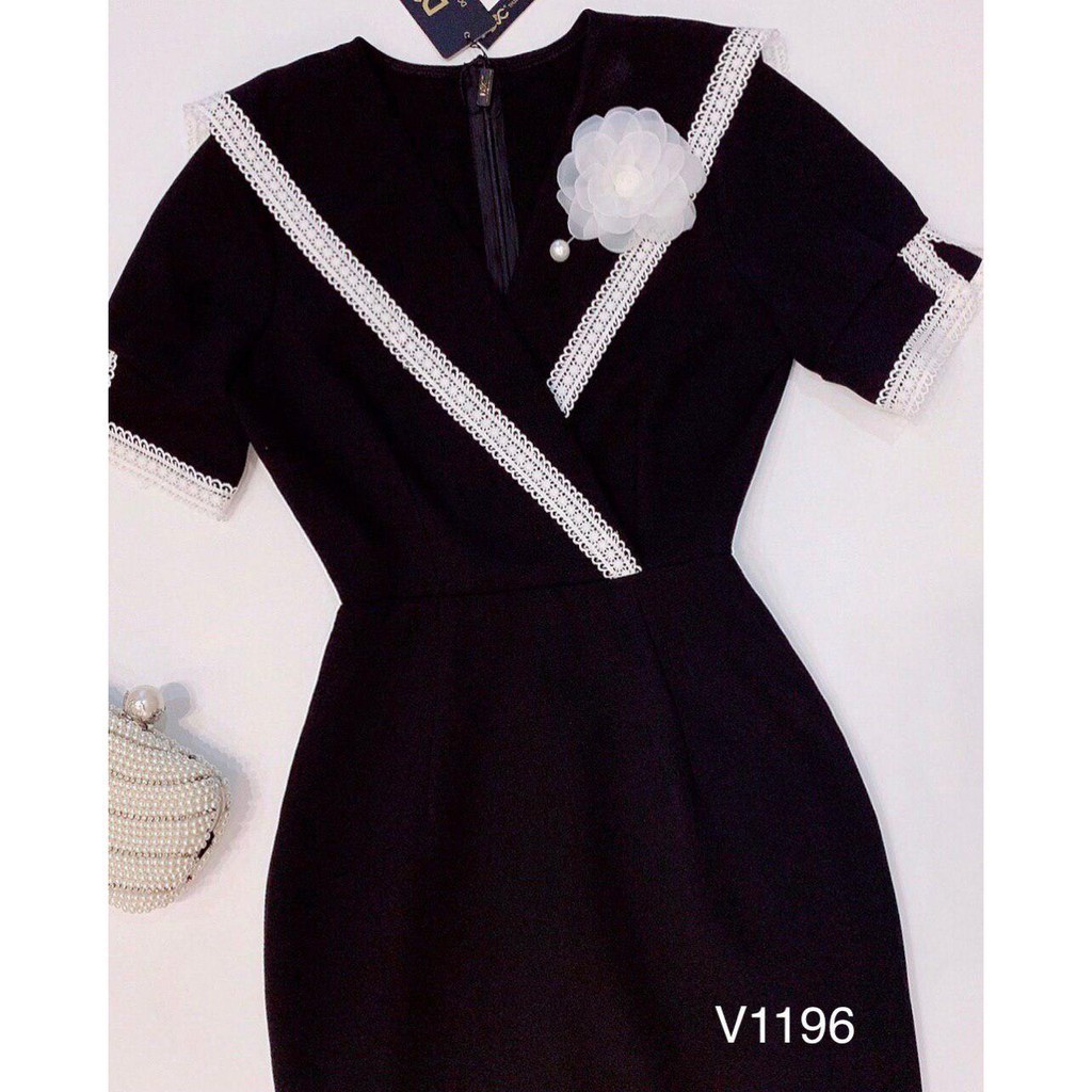 [ xả kho ] MiD Váy đen đính hoa cổ sang trọng viền cổ ren V1196 Mie Design kèm ảnh thật