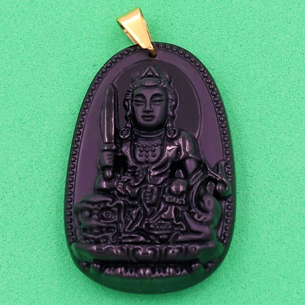 Mặt dây chuyền Văn Thù Bồ Tát Đá Tự Nhiên Đen 4.3cm - Phật bản mệnh tuổi Mão - Tặng kèm móc inox