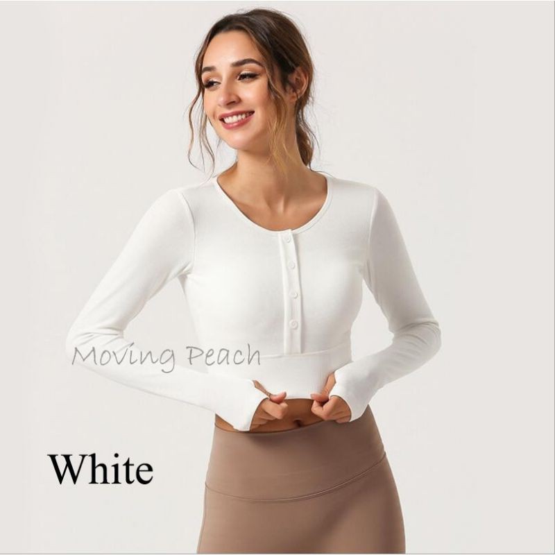 Áo dài tay tập yoga có sẵn đệm ngực màu trắng