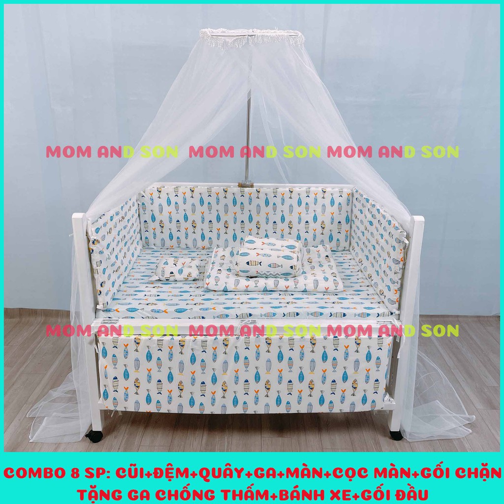 (Nhiều ComBo)Giường Cũi Trẻ Em MOM AND SON(70x110x86 cm)-Gỗ Quế Tự Nhiên Xuất Khẩu Màu Trắng-An toàn-BH 6 Tháng.