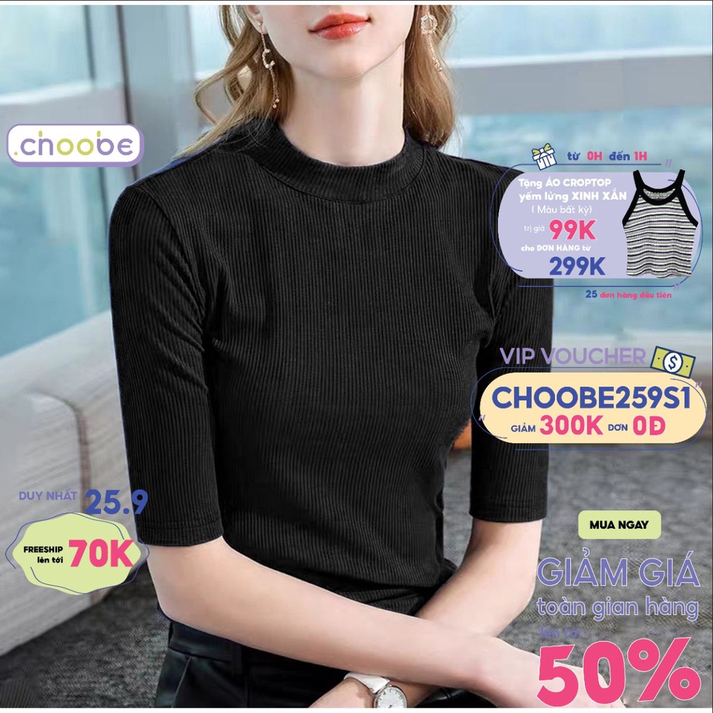 Áo thun tăm nữ Choobe tay lửng cổ 3 phân vải len mỏng giữ nhiệt dáng ôm vải mềm A36