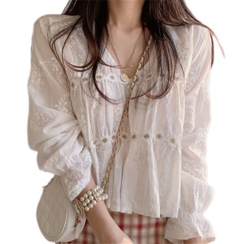 Áo Ren Hoa Tay Dài Cổ Chữ V Chống Nắng Thời Trang Cho Nữ