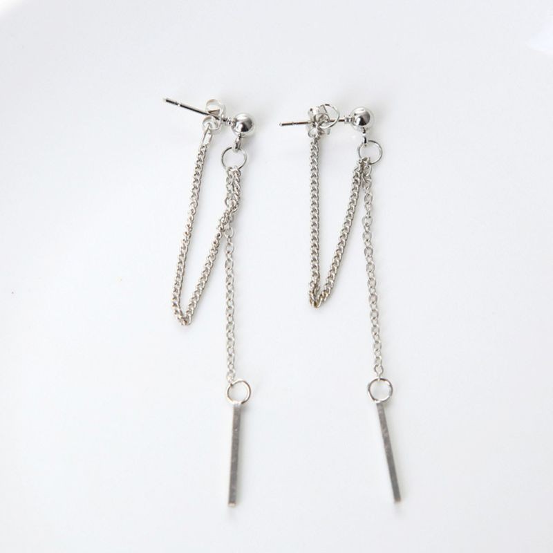 HAP  Sliver Double Tassel Chain Bar Dangle Drop Earring Kpop Korean Fashion Jewelry