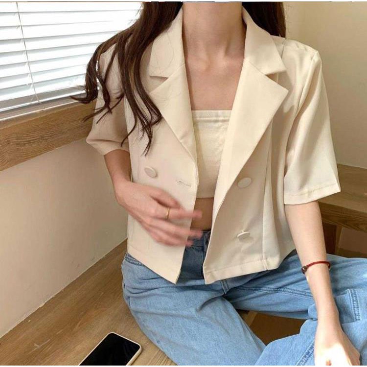 Áo blazer cộc tay nữ dáng lửng mix áo quây -  áo vest khoác ngoài phong cách hàn quốc màu nâu đen be 1 lớp C432