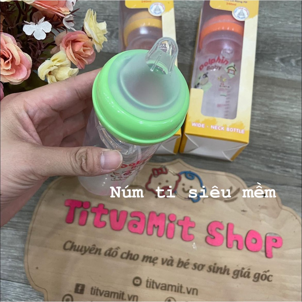 [Tặng kèm 1 núm] Bình sữa cổ rộng Dolphin 160ml, 240ml cho bé