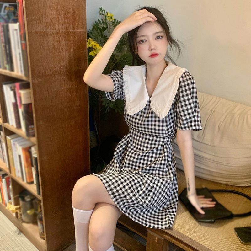 Đầm Tay Ngắn Cổ Búp Bê Họa Tiết Sọc Caro Phong Cách Hàn Quốc Thời Trang Mùa Hè Xinh Xắn