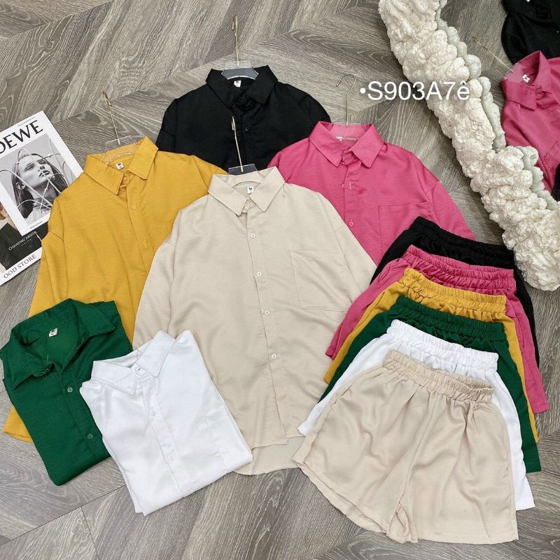 Set Bộ Sơ Mi Nữ Đi Biển ,Set Áo Lụa Kiểu Sơ Mi Tay Dài Phối Quần Đùi Cạp Chun ,Lụa Đũi Mịn Mát Trơn Màu
