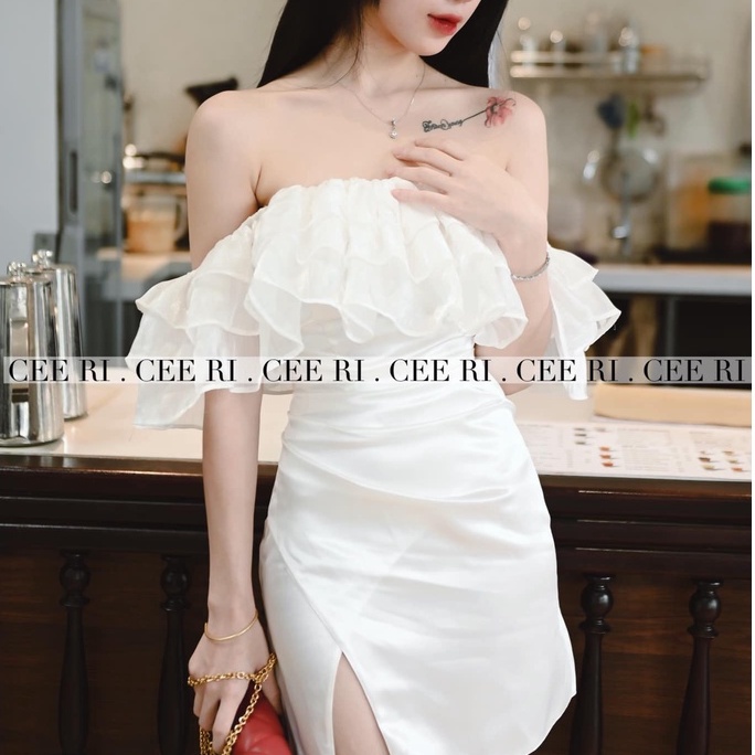 Đầm dự tiệc trễ vai phối bèo xẻ tà ôm body nữ tính - NV310