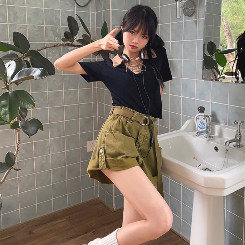 Quần Short Denim Lưng Cao Ống Rộng Thời Trang Dành Cho Nữ