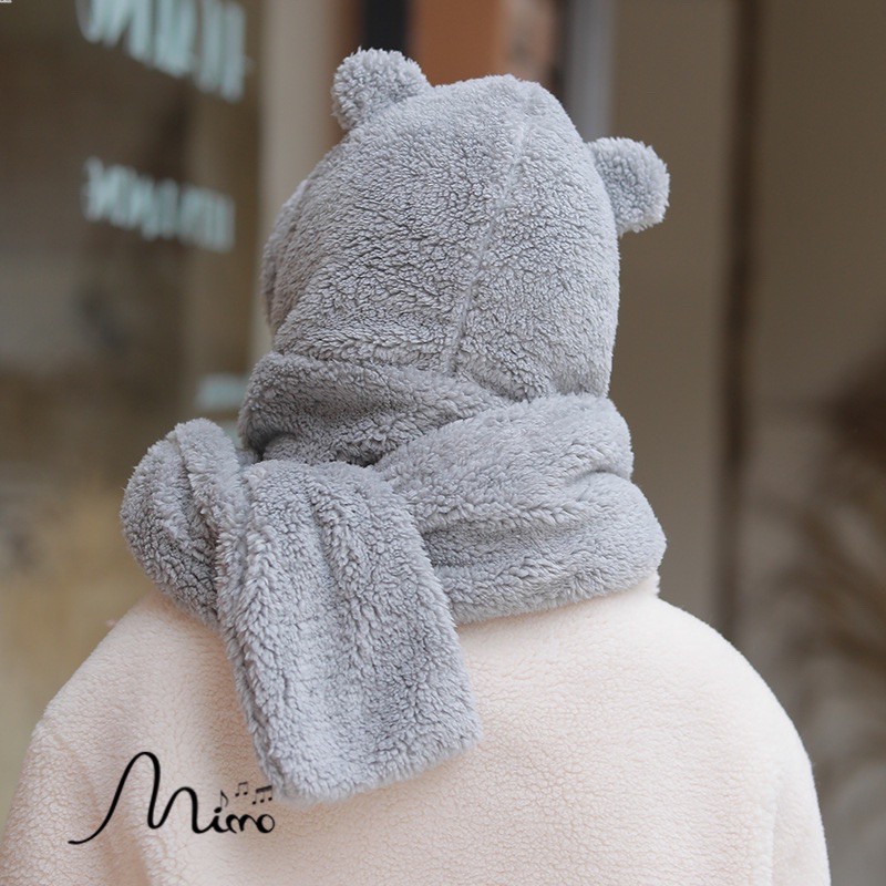 Mũ lông trùm kín kèm khăn quàng cổ và găng tay 3 trong 1 cực ấm tạo hình tai gấu đáng yêu cho mùa đông