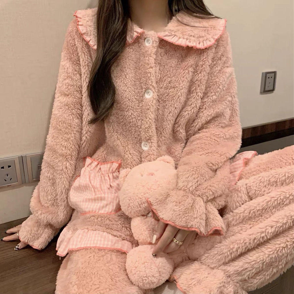 Đồ bộ nữ mặc nhà- bộ ngủ lông cừu túi caro màu hồng from rộng ấm áp- pyjama dài tay phogn cách hàn quốc