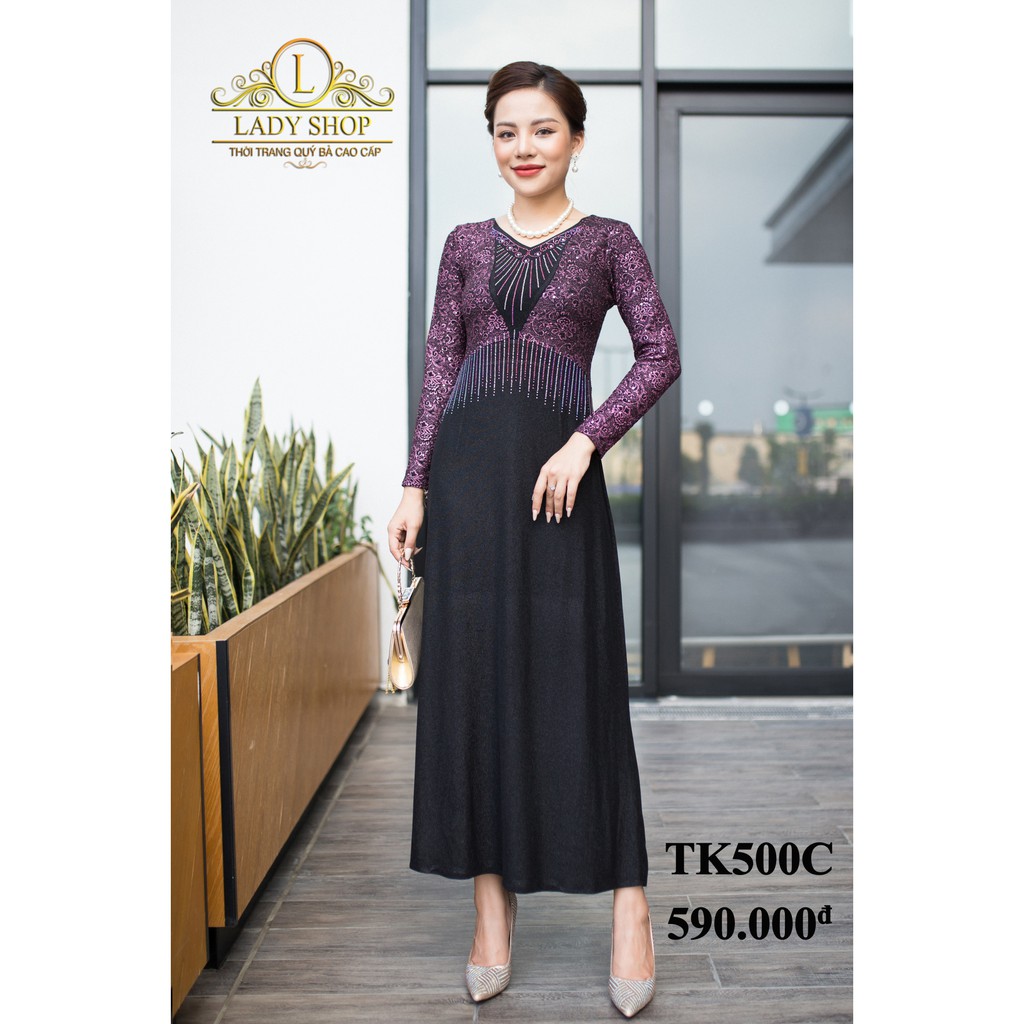 Váy trung niên quý bà cao cấp Ladyshop Maxi kim sa đỏ cổ V đá tia TK500 | BigBuy360 - bigbuy360.vn