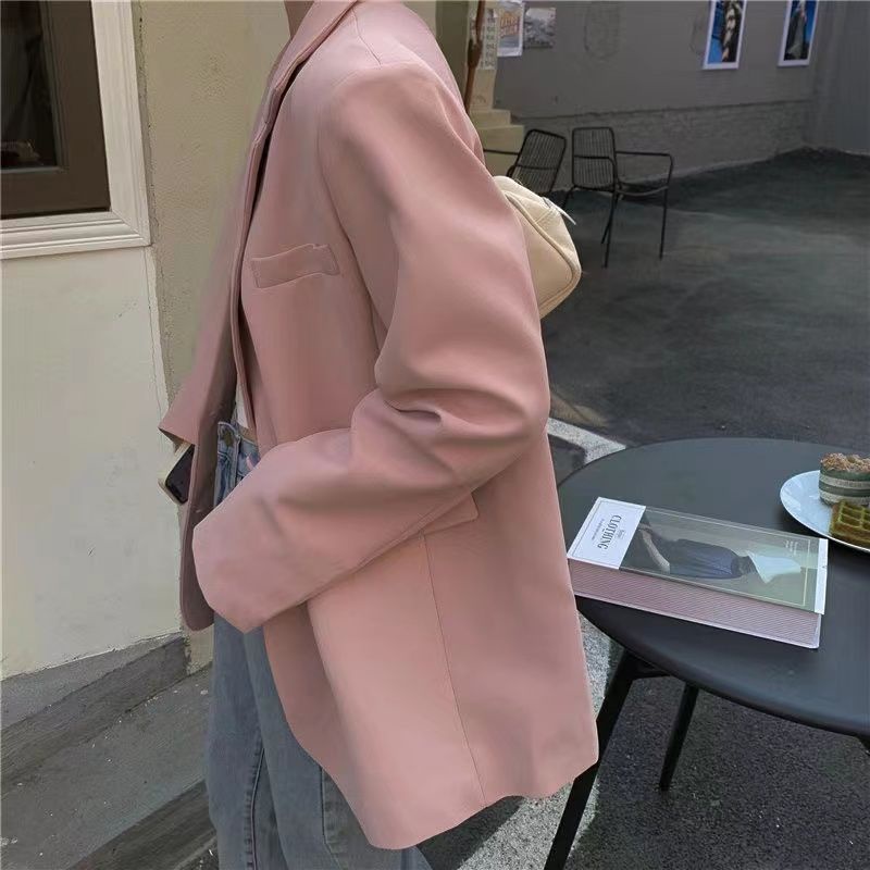 Áo Khoác Blazer Dáng Rộng Màu Hồng Trơn Thời Trang Xuân Thu Hàng Mới Dành Cho Bạn Nữ