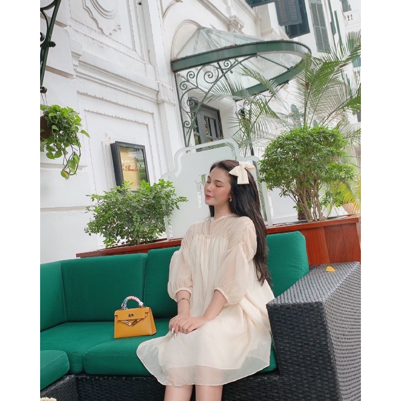 Váy babydoll nhúm ngực Summer tay phồng, cổ phối ren