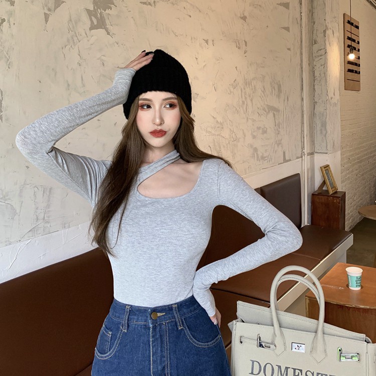 QKOOLE  Áo thun tay dài cổ tròn dáng ôm phong cách Hàn Quốc thời trang sành điệu cho nữ