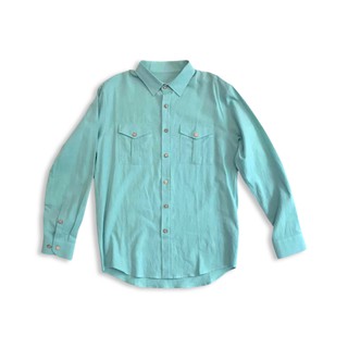 Áo sơ mi xanh tay dài linen xanh 2 túi nam NINETY NINETY ONE