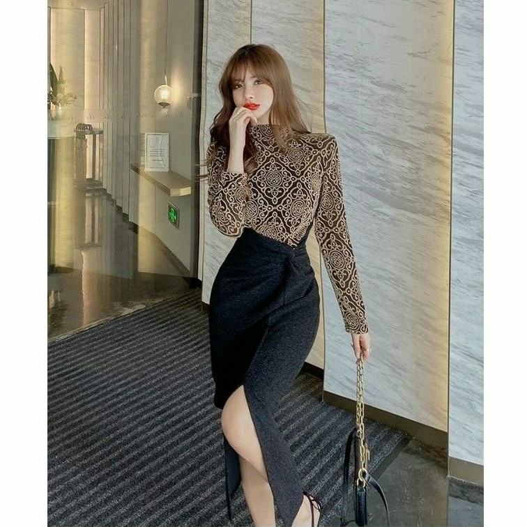 Hàng nhập - Đầm dạ hội xẻ tà họa tiết nâu, váy ôm dự tiệc tay dài