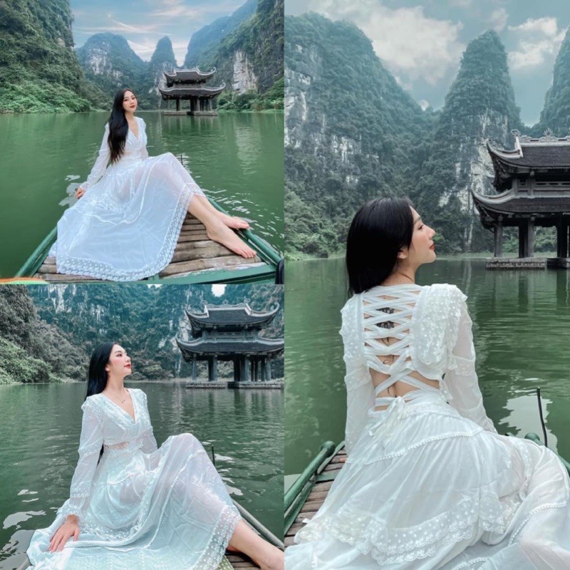 Đầm maxi đi biển trắng phối ren đan lưng