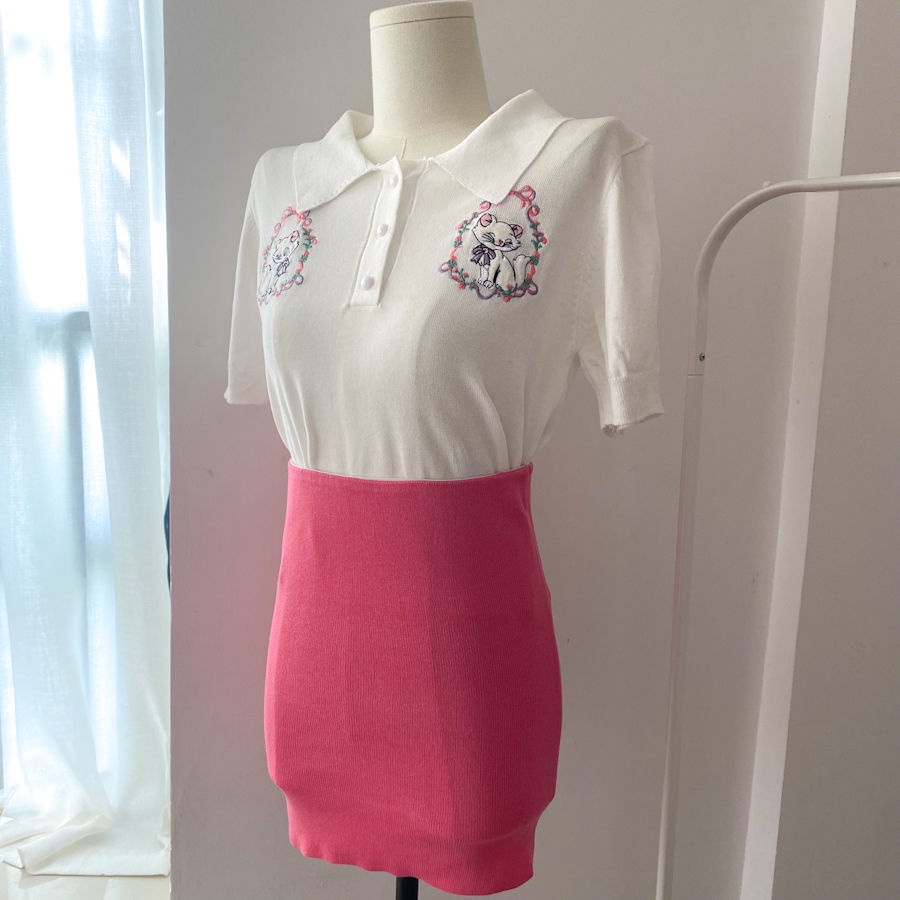 Áo Sweater Dệt Kim Ngắn Tay Cổ Polo Thêu Hình Mèo Đáng Yêu Thời Trang Mùa Hè Cho Nữ