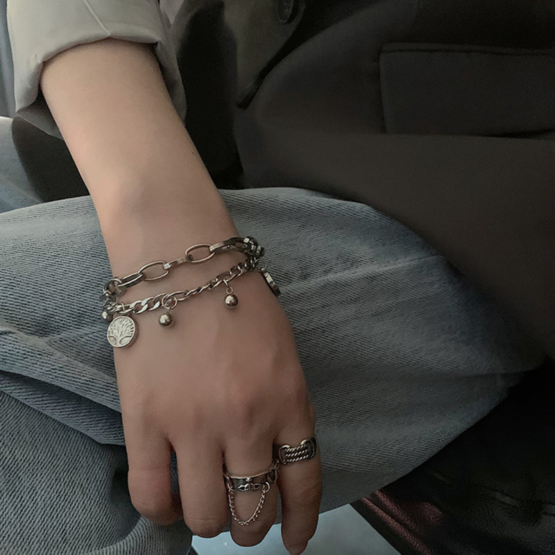 Vòng Tay Hai Lớp Mặt Hình Cây Phong Cách Hip Hop Hàn Quốc 19041