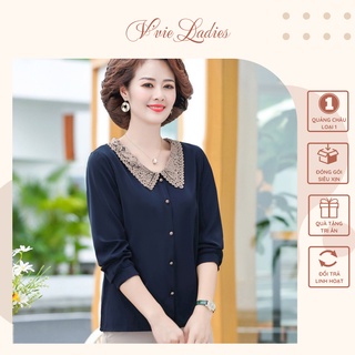 Áo sơ mi kiểu đẹp nữ trung niên tay dài cổ ren sang trọng V'vie Ladies 3 màu tặng mẹ