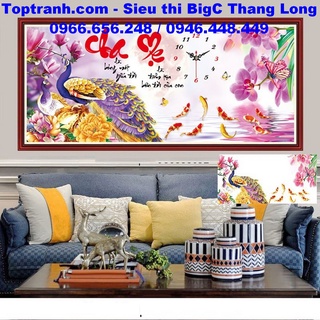 tranh thêu chữ thập đồng hồ cha mẹ con công và hoa lan LV3055 chưa thêu