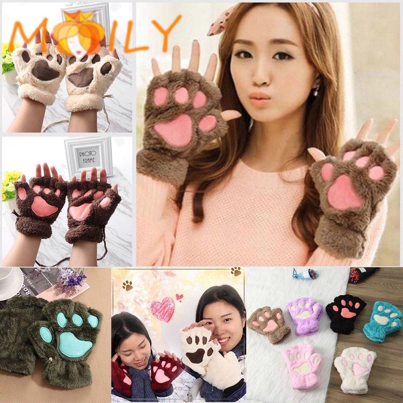 găng tay lông xù hở ngón hình bàn chân mèo / gấu