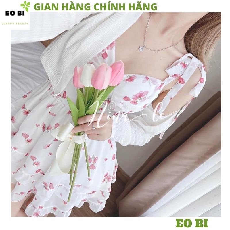 Sét váy hoa 2 dây  tầng kèm áo choàng ngoài mầu trắng tiểu thư bánh bèo ulzzang đầm hàn quốc dễ thương -EOBI