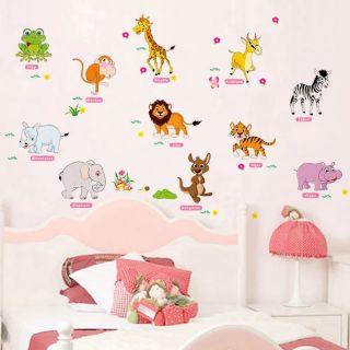 Decal dán tường vườn thú tiếng anh hồng