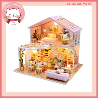 [mô hình nhà búp bê tự lắp ghép nhà 2 tầng mái hiên hồng][có nội thất và đèn led]