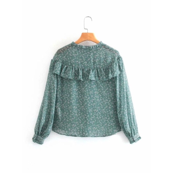 Áo kiểu sơ mi hoa voan bèo ngực túi zip