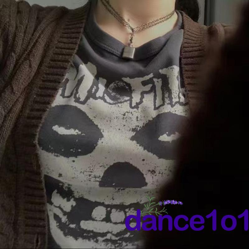 Áo Crop Top Nữ Tay Ngắn In Hình Đầu Lâu Vũ Công 1O1-Goth y2k