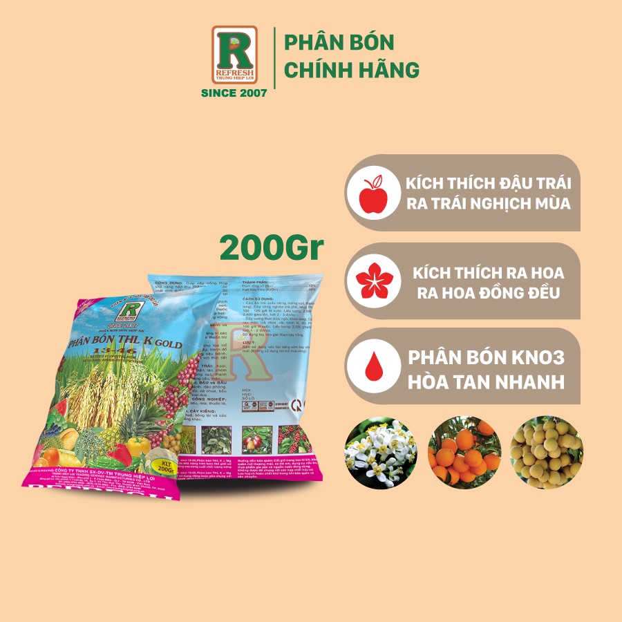 Phân bón KNO3 THL K Gold 13-0-46 kích thích ra hoa nghịch mùa, trái to ngọt 1kg và 200gr