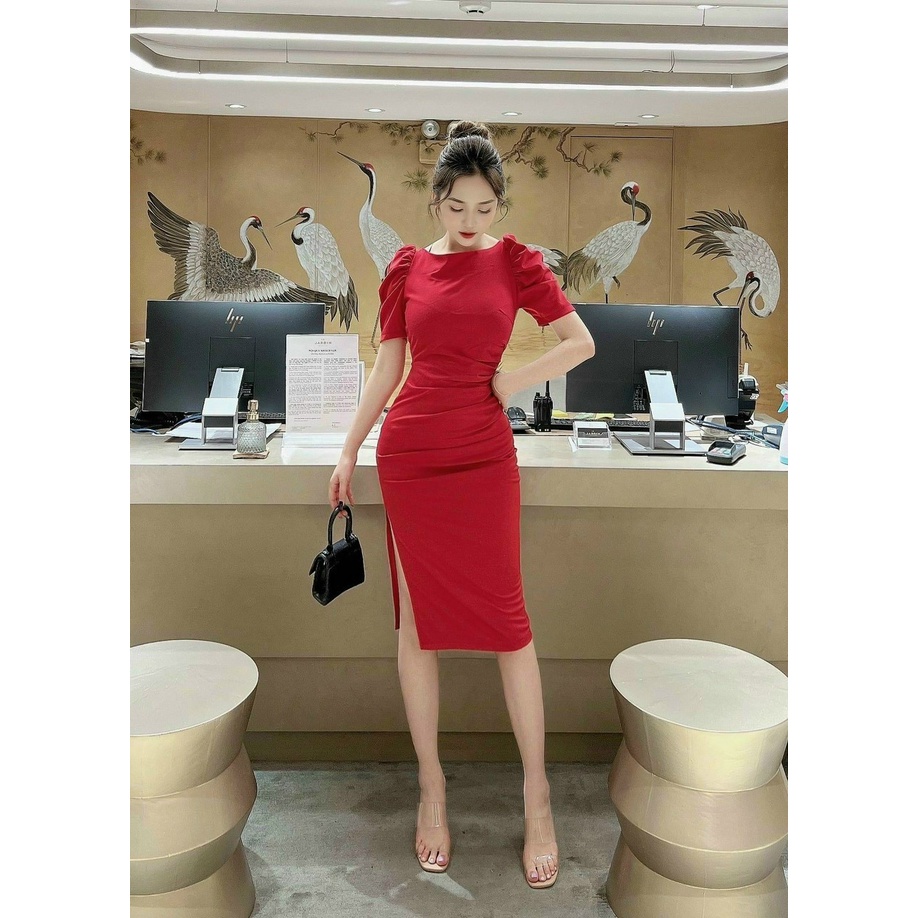 (Sale FREESHIP) Đầm body nữ đi tiệc,đầm thiết kế cổ tròn tay nhún xẻ tà cực xinh,chất umi có mút,hàng chuẩn shop lêndẹp