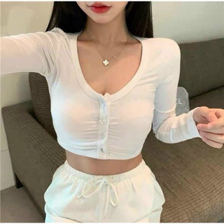 Áo Croptop Thun Gân Tay Dài Nút