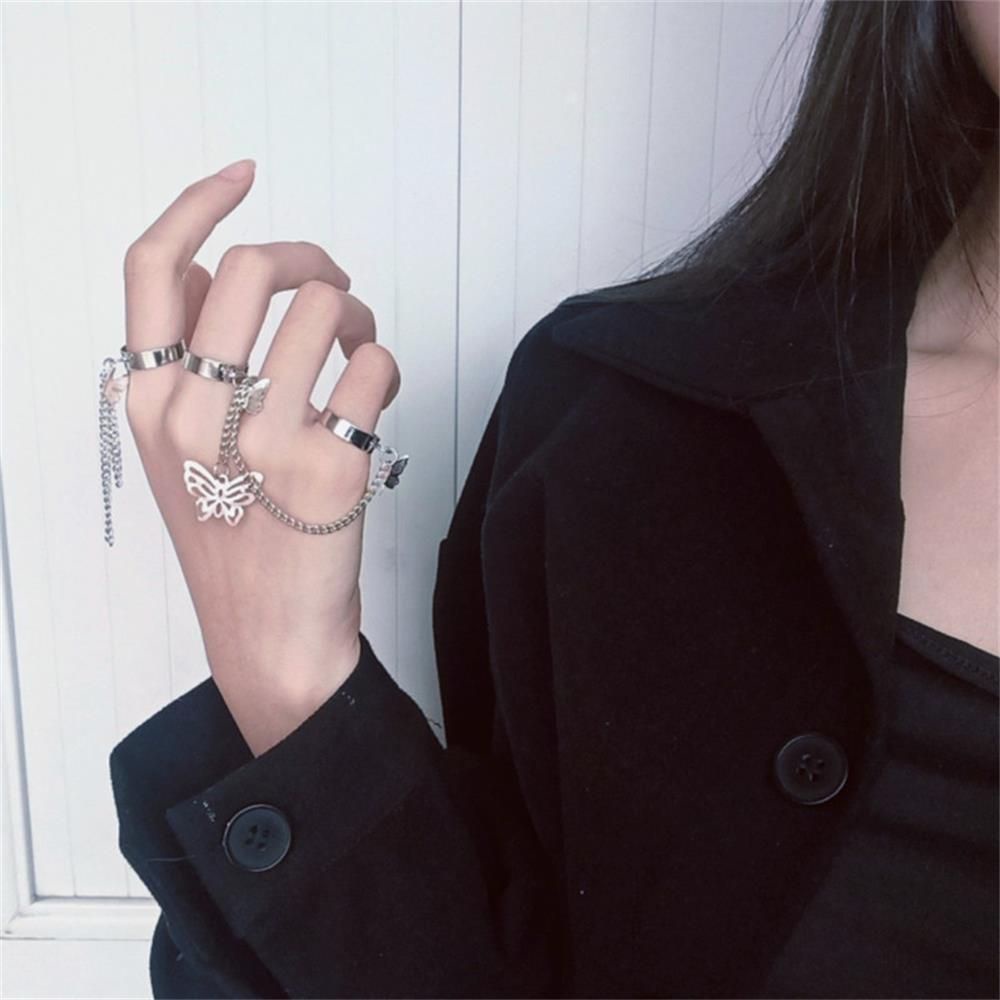Nhẫn đeo tay 3 kiểu tùy chọn phối sợi xích và bướm phong cách harajuku cho nam và nữ