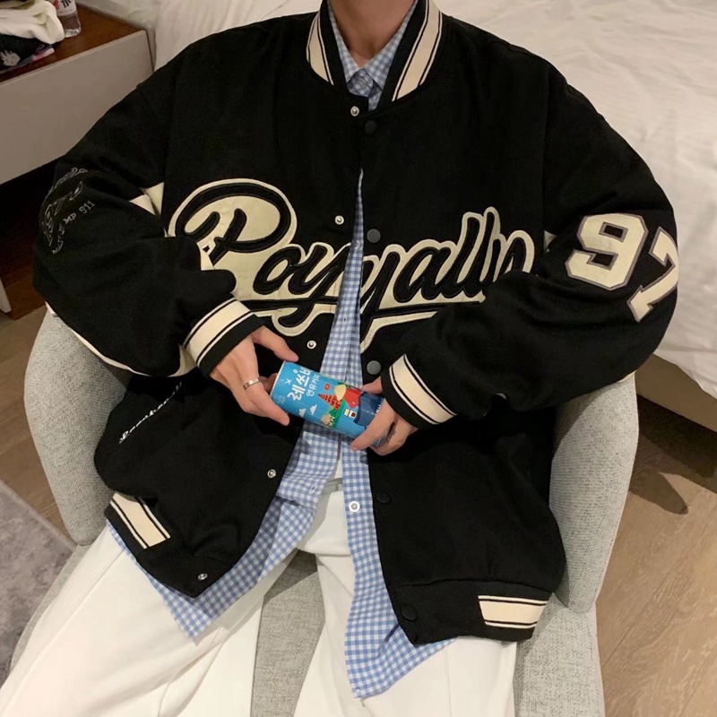 Áo khoác bóng chày dáng rộng thêu họa tiết phong cách Retro Mỹ cá tính dành cho cặp đôi