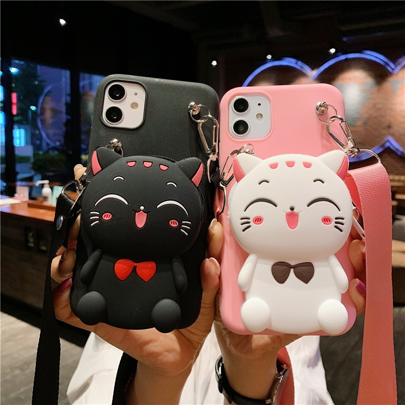 Samsung S10 S10PLUS S7edge S21Ultra S21+ A12 A42 5G A6 A8 A6Plus A6+ A8Plus A8+ A02S A01Core A21S A31 A11 Cartoon cat zero wallet mobile phone case Fortune Cat backpack mobile phone protective case fashion silicone tether wallet mobile phone case