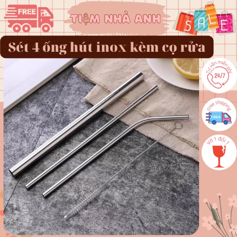 Bộ 4 ống hút Inox 304 kèm cọ rửa