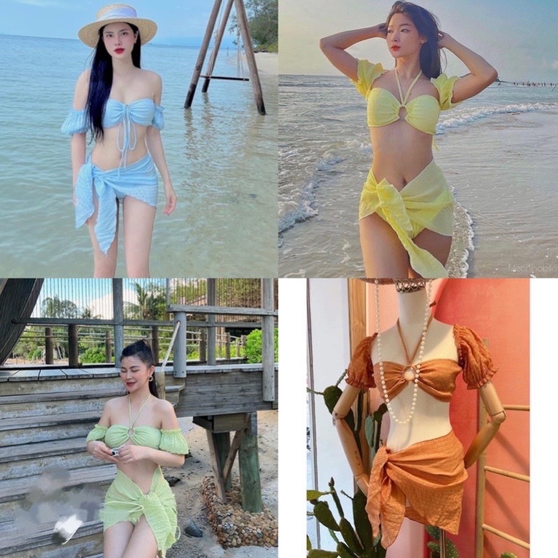 hàng có sẵn sét 3 món bikini trể vai tay phồng chất xốp | BigBuy360 - bigbuy360.vn