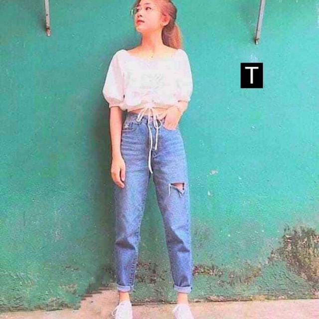Quần bò baggy rách xẻ bên đùi trái TE73