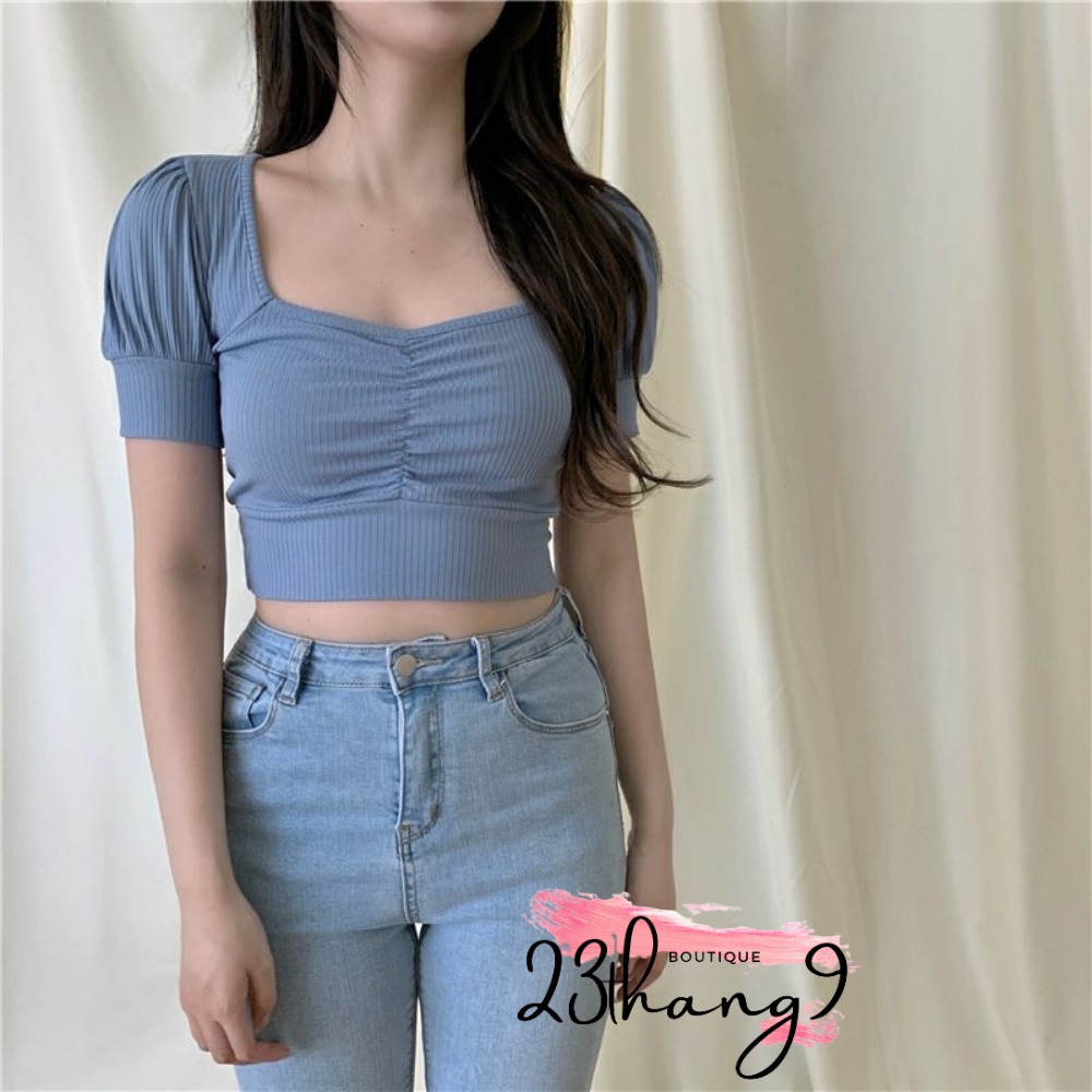 Áo croptop áo tay phồng cổ vuông nhún ngực chất thun gân cao cấp phong cách mùa hè năng động mặc đi biển đi chơi