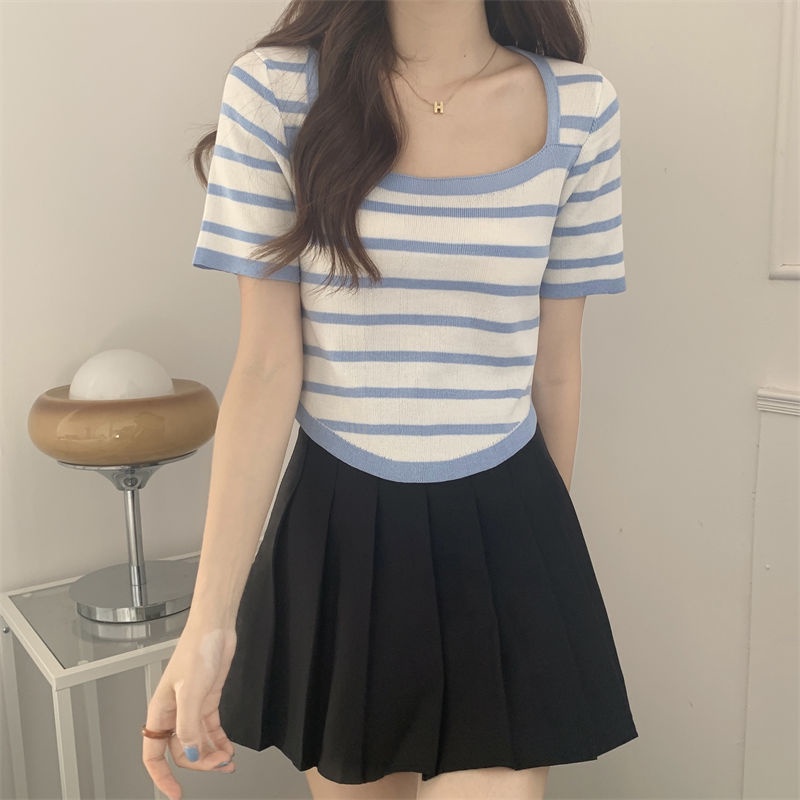 Áo Thun Dệt Kim Tay Ngắn Họa Tiết Kẻ Sọc Thời Trang Mùa Hè Cho Học Sinh