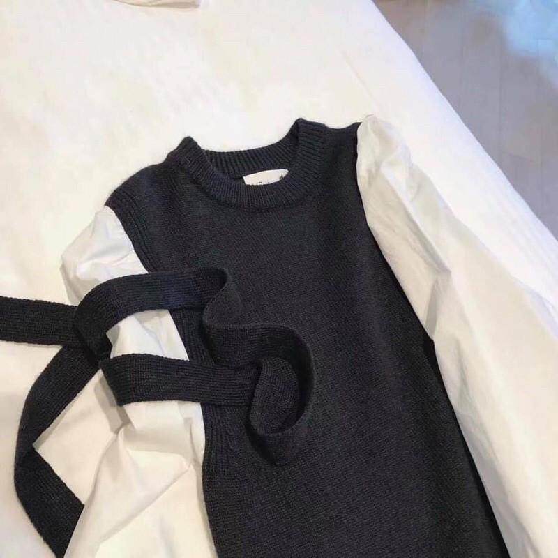 Váy len dài phối tay trắng