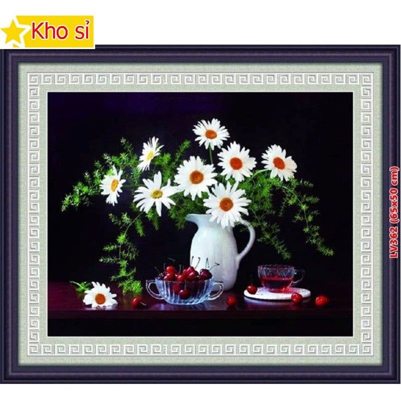 Tranh đính đá kích thước nhỏ Bình hoa cúc trắng Lv362 (65x50cm) [KHO SỈ] Tranh chất lượng cao