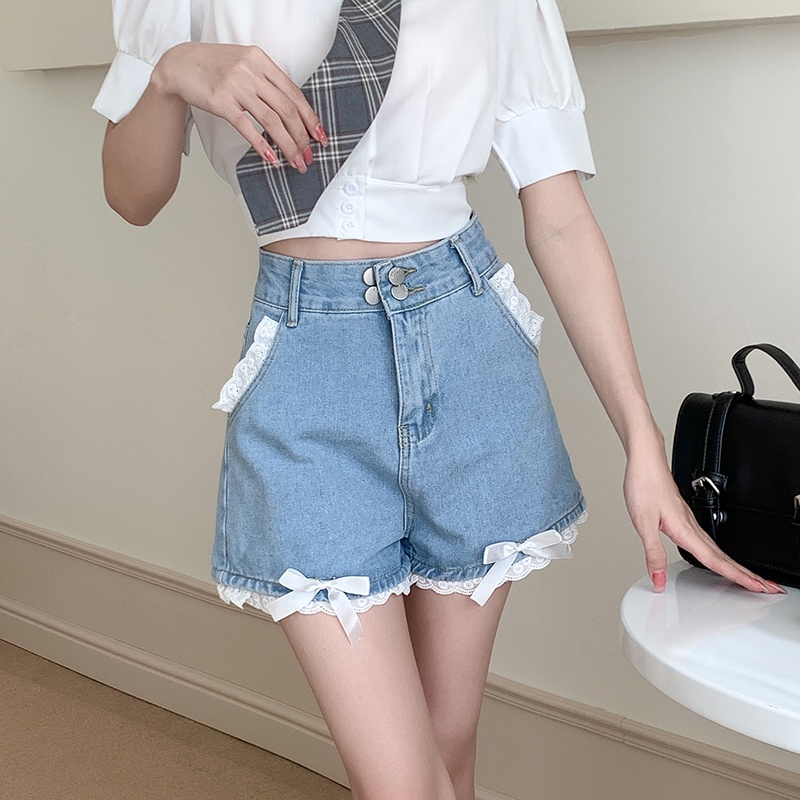 Quần Short Denim Ống Rộng Viền Ren Mới Kiểu Retro Hàn Quốc